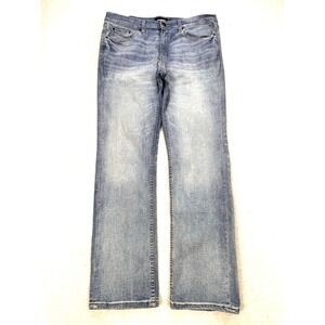 RSQ Jeans Men 33x32 Blue Slim Light Wash Whiskered Distress Taper Mid Rise Denim